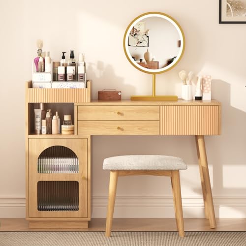 Schminktisch-Set, 120 x 40 x 90 cm, mit Spiegel und LED-Beleuchtung, Schminktisch mit 2 Schubladen und 1 Tür, Schminktisch aus Holz, für Studio und Schlafzimmer, ohne Hocker (Natur, E) von CXHLXYR