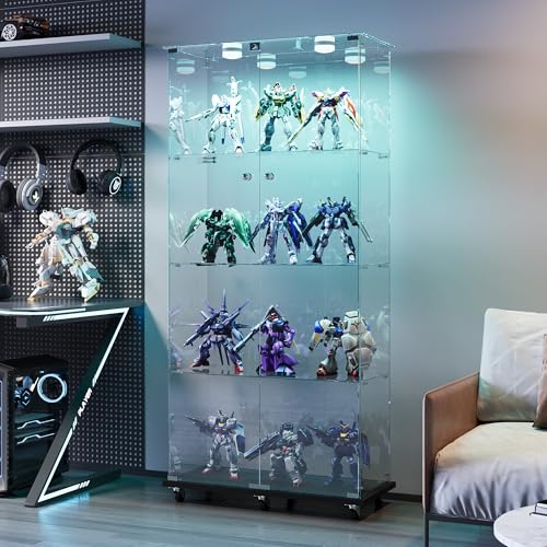 Vitrine aus Glas mit LED-Beleuchtung, Glasvitrine mit zwei Türen und 4 Etagen, Aufbewahrungsschrank mit Universalrollen für Wohnzimmer, Schlafzimmer, 163 x 79 x 35 cm (2 Türen, 4 Etagen, schwarz) von CXHLXYR