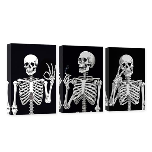 CXHOSTENT 3 Panels Totenkopf-Leinwand-Kunst Skelett-Bilder Wanddekoration Totenkopf-Hippie-Posing-Gemälde Poster Kunstwerk Dekorrahmen (Schädel - 1, 30x40cmx3Pcs) von CXHOSTENT
