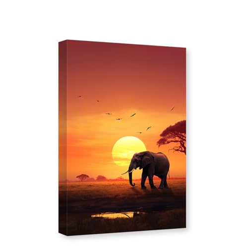 CXHOSTENT Afrikanischer Elefant Leinwand Wandkunst Wildtier-Gemälde Druck Grasland Sonnenuntergang Bild Wildtiere Poster Rahmen (Elefant - 1, 30.00 x 45.00 cms) von CXHOSTENT