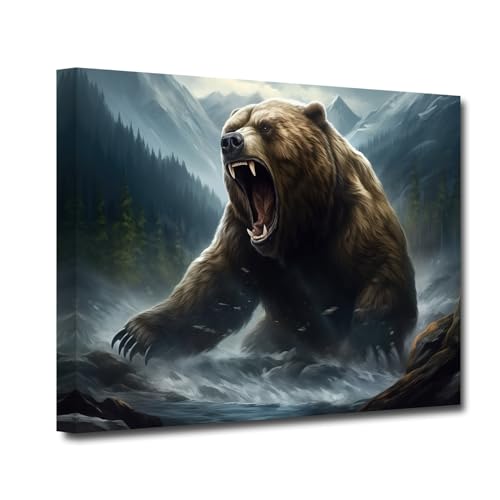 CXHOSTENT Bären Leinwand Wanddrucke Bärenbilder Braunbär der im Wasser brüllt Poster Wildtier Kunstdrucke für Heimdekoration gerahmt (C, 30.00 x 45.00 cms) von CXHOSTENT