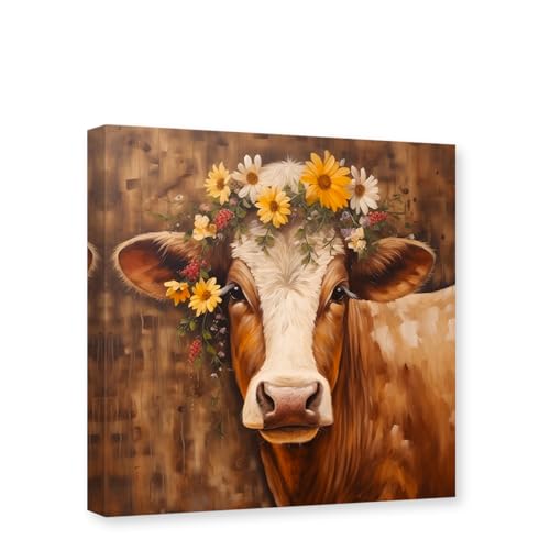 CXHOSTENT Bauernhof-Kuh-Leinwand-Kunst Bauernhaus-Tierbilder Wanddekoration Rinderporträt Gemälde Poster Heim- und Küchendekoration Rahmen (Kuh - 3, 45.00 x 45.00 cms) von CXHOSTENT