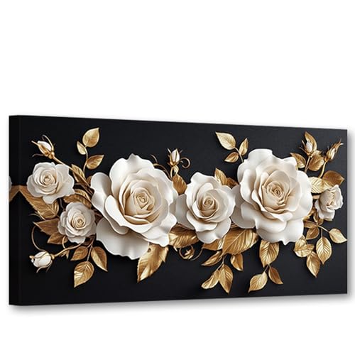 CXHOSTENT Blumenbilder Wanddekoration Weiß und Gold Blumen-Wandkunst moderne Blumenleinwand botanische Blumendrucke großer Wohn Dekorrahmen (30.00 x 60.00 cms) von CXHOSTENT