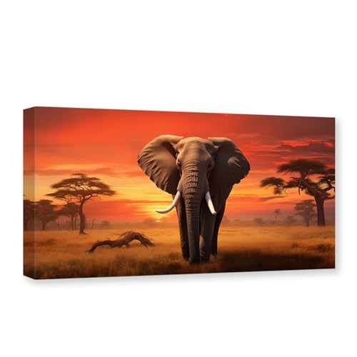 CXHOSTENT Elefanten-Leinwand-Kunst Tierdruck Gemälde Afrikanisches Grasland Sonnenuntergang Bilder Wildtiere Poster Wohnzimmer Dekor Rahmen (Elefant - 1, 30.00 x 60.00 cms) von CXHOSTENT