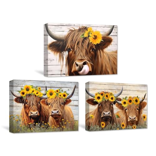 CXHOSTENT Hochlandkuh Leinwand Wandbilder 3-teilig lustige Rinder mit Sonnenblumen Kunstdrucken rustikale Tiere Poster für Landdekoration (B, 40.00 x 60.00 cms x 3PCS) von CXHOSTENT