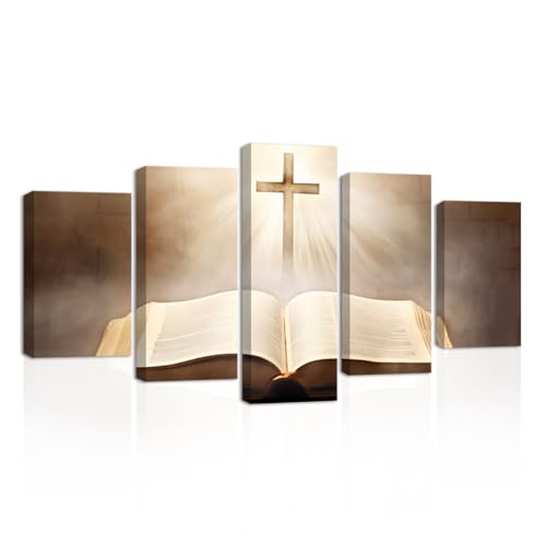 CXHOSTENT Jesus Leinwand Wandbilder 5 teilige Heilige Bibel und Kreuz Kunstdrucke Gott Poster christliche spirituelle Bilder für Gebetsraumdekoration (A, 150.00 x 80.00 cms) von CXHOSTENT