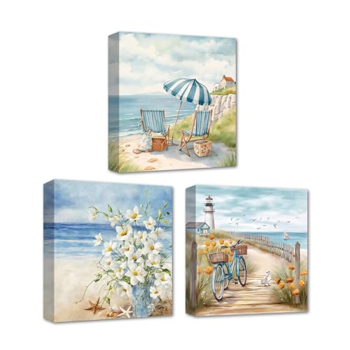 CXHOSTENT Küsten Leinwand Wandbilder 3-teilig Regenschirm Stuhl Fahrrad und Blumen Kunstdrucke blauer Strand Ozean Meereslandschaft Blumenbilder (C, 25.00 x 25.00 cms x 3PCS) von CXHOSTENT