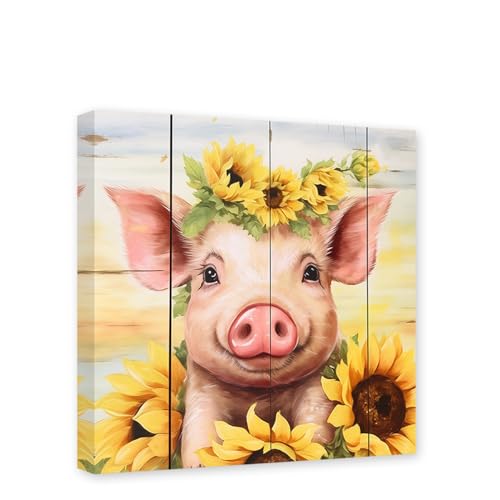 CXHOSTENT Leinwand-Wandkunst mit Bauernhoftieren Niedliches Schwein und Sonnenblumenbilder Rustikale Tiere Porträtgemälde Poster Rahmen (Schwein - 2, 30.00 x 30.00 cms) von CXHOSTENT