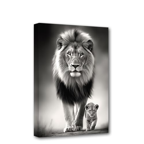 CXHOSTENT Löwe-Leinwand-Kunst Löwe und Jungtier Bilder Schwarz-Weiß-Tiergemälde Druck Wildtier-Porträt Poster Heimdekoration Rahmen (Löwe - 2, 30.00 x 45.00 cms) von CXHOSTENT
