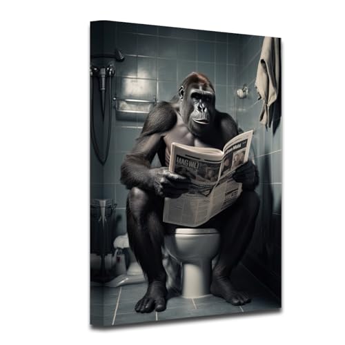 CXHOSTENT Lustige Gorilla Badezimmer Leinwand Wandbilder Affe der Zeitungen auf der Toilette liest Bilder Tier Poster Toiletten Dekoration (D, 30.00 x 45.00 cms) von CXHOSTENT