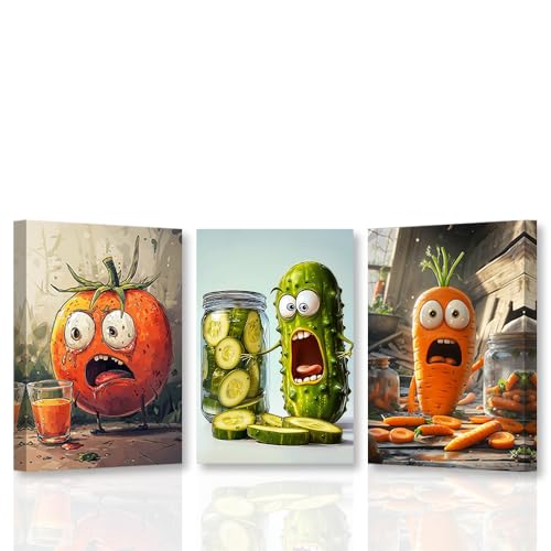 CXHOSTENT Lustiges Küchen-Leinwandbild 3-teilig Gemüsebilder Druck Gurken-Poster Esszimmer-Restaurant-Dekor gerahmt (30x40cmx3) von CXHOSTENT
