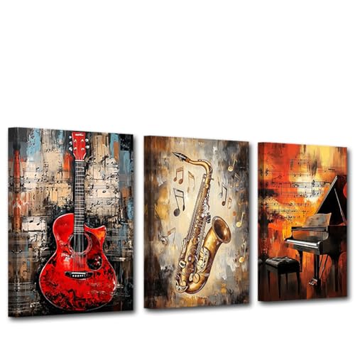 CXHOSTENT Musik-Leinwandbild, Wanddekoration für Musikstudio 3 Paneele Vintage Bilder mit Gitarre Klavier Saxophon Musikinstrumente Gemälde Druck Bürodekor gerahmt (28x35cmx3) von CXHOSTENT