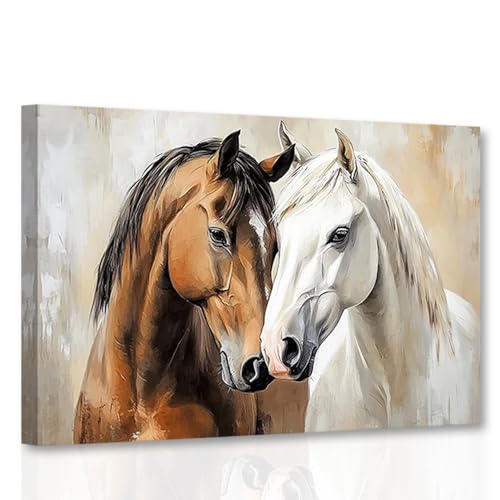 CXHOSTENT Pferde-Leinwandbild Bauernhaus-Tierdekor Paar-Pferde Bilderdruck Western-Landschaftsmalerei rustikale Wohnzimmer-Dekoration gerahmt (40L x 60B cm) von CXHOSTENT