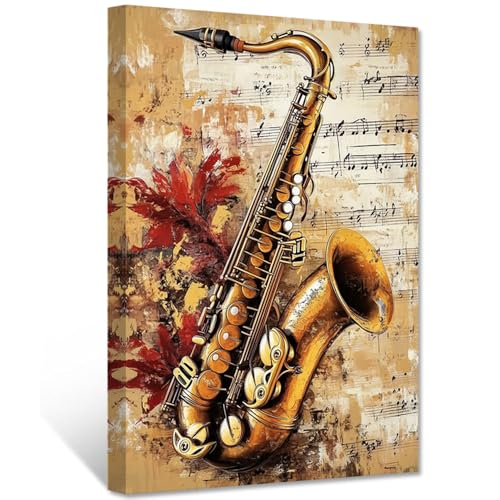 CXHOSTENT Saxophon-Wandkunst Musik Leinwandkunst Jazz-Gemälde Druck Vintage-Musikbilder Musikinstrumente Gemälde Druck Bürodekor gerahmt (40.00 x 60.00 cms) von CXHOSTENT