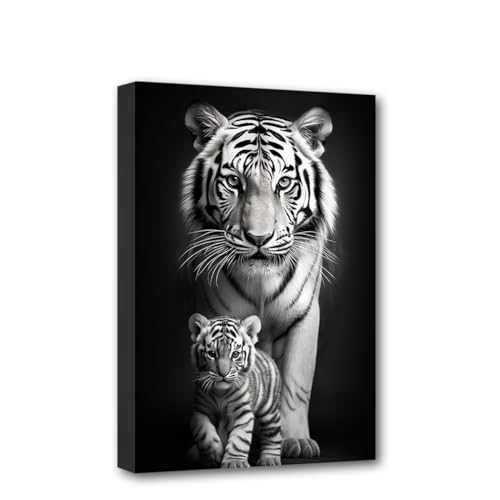 CXHOSTENT Tiger-Leinwand-Kunst Tiger- und Jungtier-Bilder Schwarz-Weiß-Tiergemälde Druck Wildtier-Porträt Poster Heimdekoration Rahmen (Tiger - 1, 40.00 x 60.00 cms) von CXHOSTENT