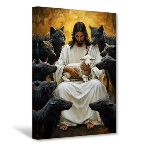 CXHOSTENT Wandkunst „Jesus und Lamm“ christlicher Leinwanddruck religiöses Gemälde verlorenes Lamm Bilder Gott-Poster Dekor gerahmt (45L x 30B cm) von CXHOSTENT