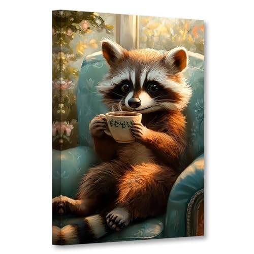 CXHOSTENT Waschbär-Leinwandbild lustige Tierbilder Waschbär der Kaffee trinkt Druck süßes Tiergemälde Poster Schlafzimmer Dekoration Rahmen (45L x 30B cm) von CXHOSTENT