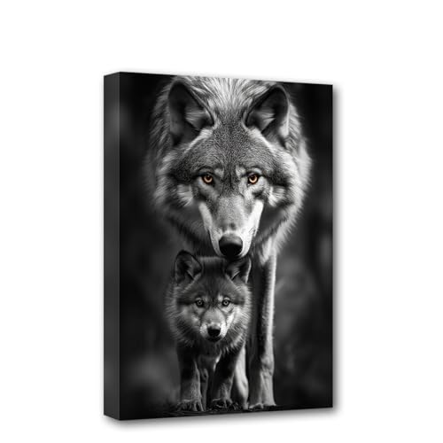 CXHOSTENT Wolf-Leinwand-Kunst Wolf- und Jungtier-Bilder Schwarz-Weiß-Tiergemälde Druck Wildtier-Porträt Poster Heimdekoration Rahmen (Wolf - 3, 30.00 x 45.00 cms) von CXHOSTENT
