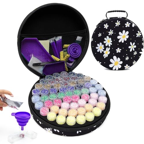 CXINLky 5D Diamond Painting Zubehör Boxen, Tragbare Diamond Painting Aufbewahrungsbox mit 60 Stück Dosen Koffer Trichter Stickers, Diamand Malerei Zubehör Organizer-Schwarz von CXINLky