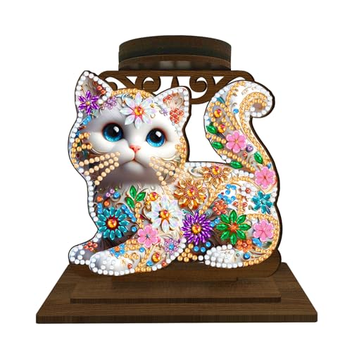 CXINLky DIY Diamond Art Painting Kerzenständer Tisch Deko, 5D Diamant Painting Kerzenständer Aus Holz, Diamant Malerei Weihnachts Ornamente Set-06-Katze von CXINLky