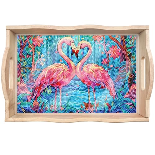 CXINLky DIY Diamond Art Painting Tablett, Diamond Art Painting Holztablett Serviertablett mit Griffen, Diamant Malerei Crystal Art Holztablett Küchentablett-01-Flamingo von CXINLky