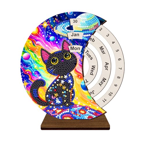 CXINLky DIY Diamond Art Painting Kalender, 5D Diamant Painting Drehbare Kalenderornamente Aus Holz, Diamant Painting 2025 Tischkalender Tisch Deko Geschenke Weihnachtsdeko Ornamente-13-Schwarze Katze von CXINLky
