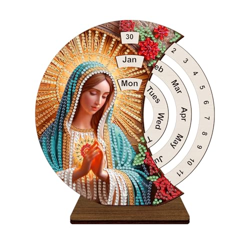 CXINLky DIY Diamond Art Painting Kalender, 5D Diamant Painting Drehbare Kalenderornamente Aus Holz, Diamant Painting 2025 Tischkalender Tisch Deko Geschenke Weihnachtsdeko Ornamente-14-Jungfrau Maria von CXINLky