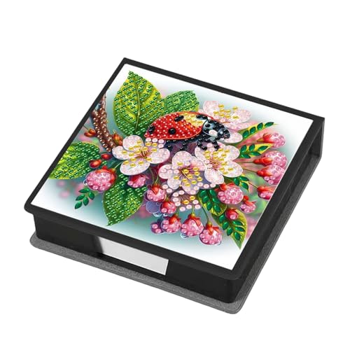 CXINLky DIY Diamond Art Painting Zettelbox aus Leder, Diamond Art Zettelkasten mit 160 Blatt weiss, Notizzettel Box, Zettelkasten-03-Marienkäfer von CXINLky