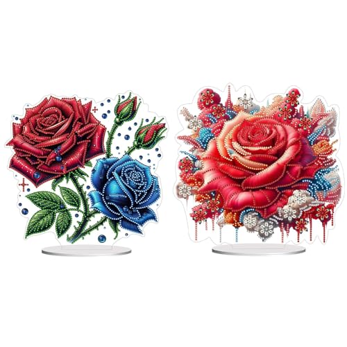 CXINLky DIY Diamond Painting Tisch Rose Deko, 5D Diamant Painting Rose Blume Tischdeko, Diamant Malerei Stehend Kunst Set für Anfänger Hausgeschenk Deko-2 Stuck-B von CXINLky