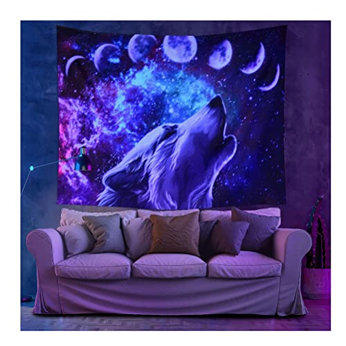 Psychedelic WandtüCher Mond-Wolf-Stern-Psychedelischer Wandteppich, UV-reaktiver Schwarzlicht-Poster-Wandteppich, Hausbar Spielzimmer Partydekoration (Size : 150x130cm) von CXKJP