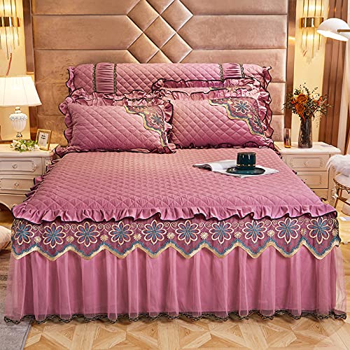 CXLT Bettvorhänge Im Europäischen Stil Tagesdecken 3-teiliges Set Gesteppte Anti-Rutsch-Bed Sheet Rüschen Spitze Tagesdecken Dekoration Matratzenschutzbezug + 2 Kissenbezug,A-180x200cm+48x74cmx2 von CXLT