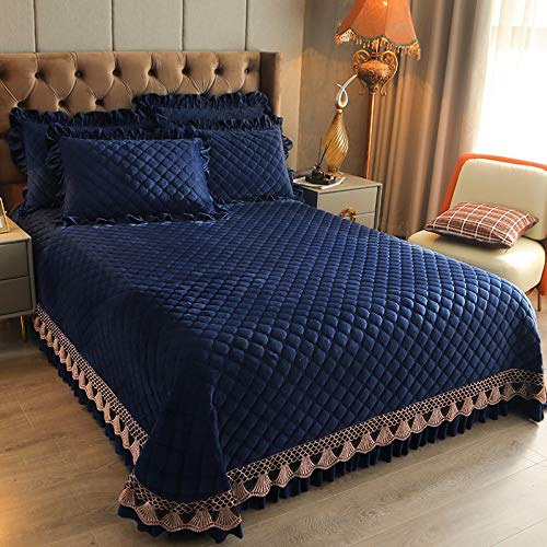 CXLT Luxus Kristall Samt Tagesdecke/Bettueberwurf Baumwolle Gesteppte Bettdecke 3-teilige Bettwäsche Set Spitze Dekoration Dickes Bettlaken Mit 2 Kissenbezügen,Blue-SuperKing:250x270cm+50x70cmx2 von CXLT