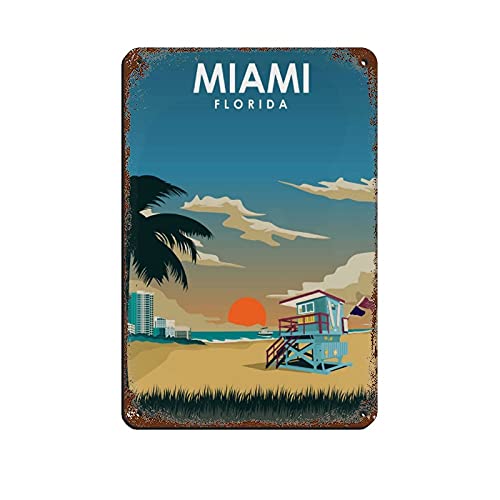 CXPMM Miami Florida City Retro Reise Landschaft Poster Blechschild Vintage Metall Pub Club Cafe Bar Home Wandkunst Dekoration Poster Retro 8 × 12 Zoll (20 × 30 cm) von CXPMM