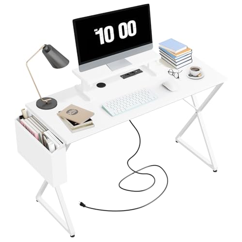 CXRYLZ-FUR Schreibtisch Weiß 120x48cm, Holz Gaming Tisch mit Steckdosen und Aufbewahrungstasche & Monitorständer, Weiss Desk Table Computertisch Bürotisch für Büro Study Office Schreib PC Gamer von CXRYLZ-FUR