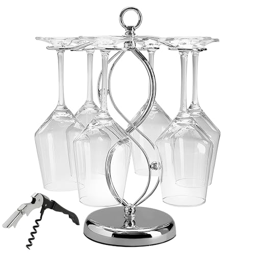 CXRYLZ-FUR Weinglashalter, Arbeitsplatte Wine Rack mit Korkenzieher zum Umhängen 6 Haken, Weinglas Halterung Gläserhalter Hängend Wine Glass Holder Silber mit 1pcs Weinöffner für Bar Home Kitchenware von CXRYLZ-FUR