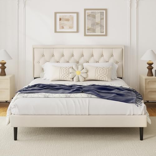 CXVX Kingsize-Bettgestell mit Samtknopf, getuftetes Kopfteil, modernes gepolstertes Plattformbett, Matratzenfundament, einfache Montage, kein Boxspring erforderlich, Beige CXVX Kingsize-Bettgestell mit Samtknopf, getuftetes Kopfteil, modernes gepolstertes Plattformbett, Matratzenfundament, einfache Montage, kein Boxspring erforderlich, Beige von CXVX