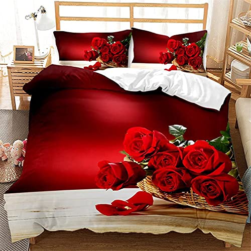 Bettwäsche-Set 3 teilig,Microfaser 3D Druck rote Rose-Blume Romantische Blume,Bettbezug Setit Reißverschluss und Kissenbezug (135x200cm, C) von CXYXHW