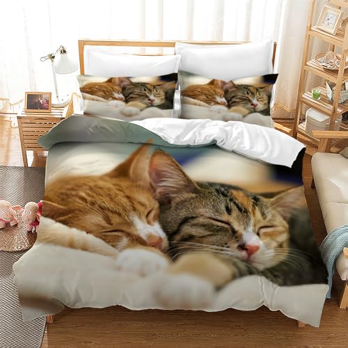 CXYXHW Katze Bettwäsche Set,3D Katzenmotiv Mikrofaser Bettbezug,Haustier Katze Bettwäsche-Sets 3teilig mit Reißverschluss,tierbedruckte Betten Set für Mädchen Jungen Kinder (C, 135x200cm) von CXYXHW
