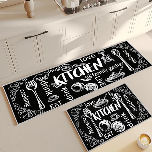 CXYXHW Küchenteppich Set 2 Stück,Rutschfestes Waschbare Küchenmatten,Wasser und Öl aufnehmen Küchenmatten Set Mit Schiebeaufkleber für Badezimmer/Wohnzimmer Flur (Style B, 43x75+43x150cm) von CXYXHW