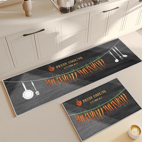 CXYXHW Küchenteppich Set 2 Stück,Rutschfestes Waschbare Küchenmatten,Wasser und Öl aufnehmen Küchenmatten Set Mit Schiebeaufkleber für Badezimmer/Wohnzimmer Flur (Style C, 43x75+43x150cm) von CXYXHW