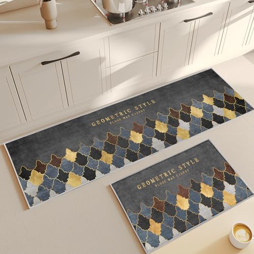 CXYXHW Küchenteppich Set 2 Stück,Rutschfestes Waschbare Küchenmatten,Wasser und Öl aufnehmen Küchenmatten Set Mit Schiebeaufkleber für Badezimmer/Wohnzimmer Flur (Style E, 43x75+43x150cm) von CXYXHW