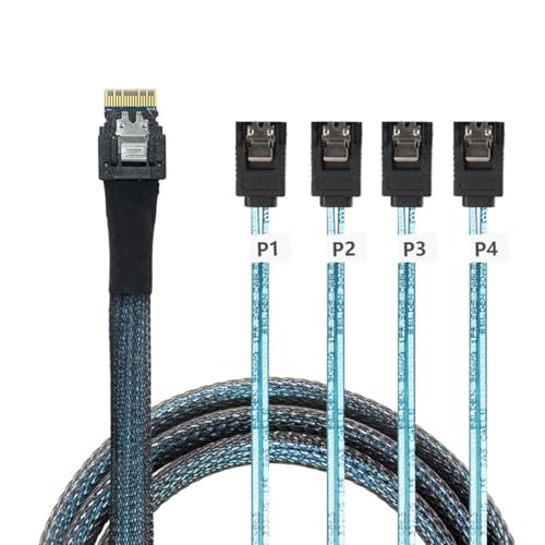 CY-Kabel Slimline SAS 4.0 SFF-8654 4i 38-poliger Host-Raid auf 4 SATA 7-polige Zielfestplatten-Fanout-Raid-Kabel 1-auf-4-Splitter (100 cm) von CY