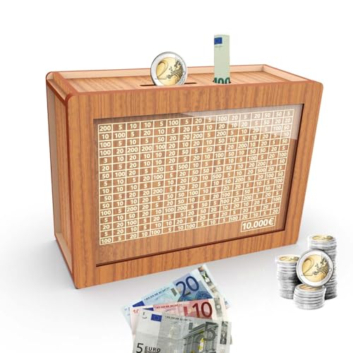 Spardose Holz mit Marker Aufklebern, Sparbüchse mit Zähler 10000€ Wiederverwendbare Geldkassette Holzspardose mit Sparziel zum Ankreuzen Sparbox Geldsparbox Cash Box (€10000) von CYANLUX