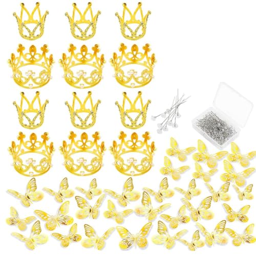 CYBUCH 148 Stück Brautblumenstrauß-Zubehör - 36 Goldene Schmetterlinge, 12 Kronen, Blumenstrauß-Anstecknadeln, 100 Diamantnadeln von CYBUCH
