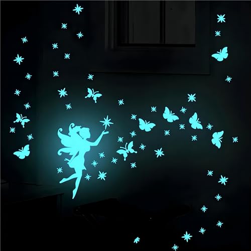 Leuchtendes Wandtattoo Kinderzimmer Fairy, Wandtattoo Schmetterlinge Feen Leuchtend, Aufkleber Fluoreszierend Wandsticker für Kinder Mädchen Babyzimmer Schlafzimmer Spiegel Dekoration（blau） von CYCLYTE