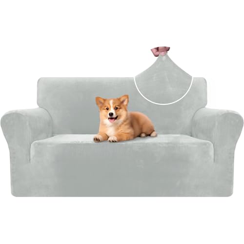 CYCMACO Samt Sofa Überzug 2 Sitzer, Sofabezug Elastische, Couch Überzug Haustier Katze Hunde, Universal Sofa Cover Moderne, Sofahusse Mit Armlehnen, Sofaschoner rutschfest, Silbergrau von CYCMACO