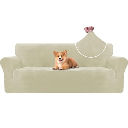CYCMACO Samt Sofa Überzug 3 Sitzer, Sofabezug Elastische, Couch Überzug Haustier Katze Hunde, Universal Sofa Cover Moderne, Sofahusse Mit Armlehnen, Sofaschoner rutschfest, Beige von CYCMACO