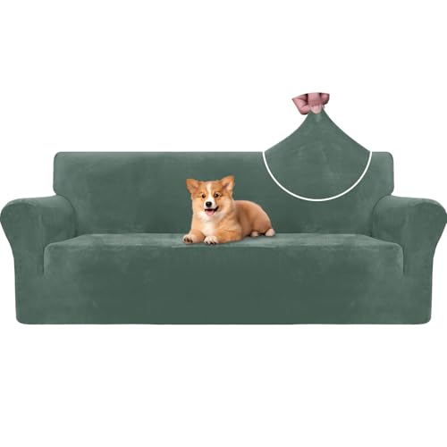 CYCMACO Samt Sofa Überzug 3 Sitzer, Sofabezug Elastische, Couch Überzug Haustier Katze Hunde, Universal Sofa Cover Moderne, Sofahusse Mit Armlehnen, Sofaschoner rutschfest, Hellgrün von CYCMACO