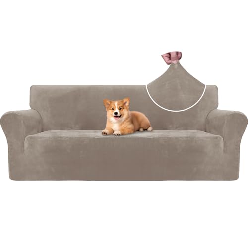 CYCMACO Samt Sofa Überzug 3 Sitzer, Sofabezug Elastische, Couch Überzug Haustier Katze Hunde, Universal Sofa Cover Moderne, Sofahusse Mit Armlehnen, Sofaschoner rutschfest, Khaki von CYCMACO