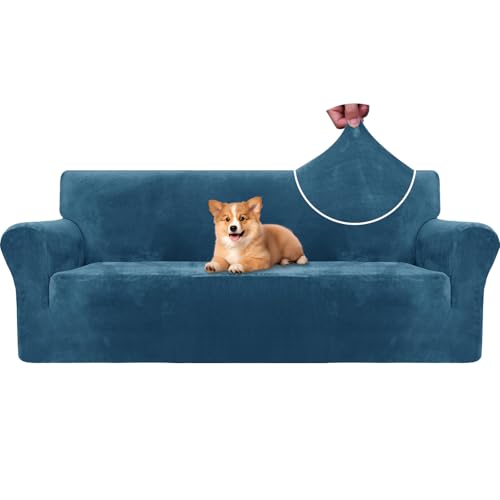 CYCMACO Samt Sofa Überzug 3 Sitzer, Sofabezug Elastische, Couch Überzug Haustier Katze Hunde, Universal Sofa Cover Moderne, Sofahusse Mit Armlehnen, Sofaschoner rutschfest, Pfau Blau von CYCMACO